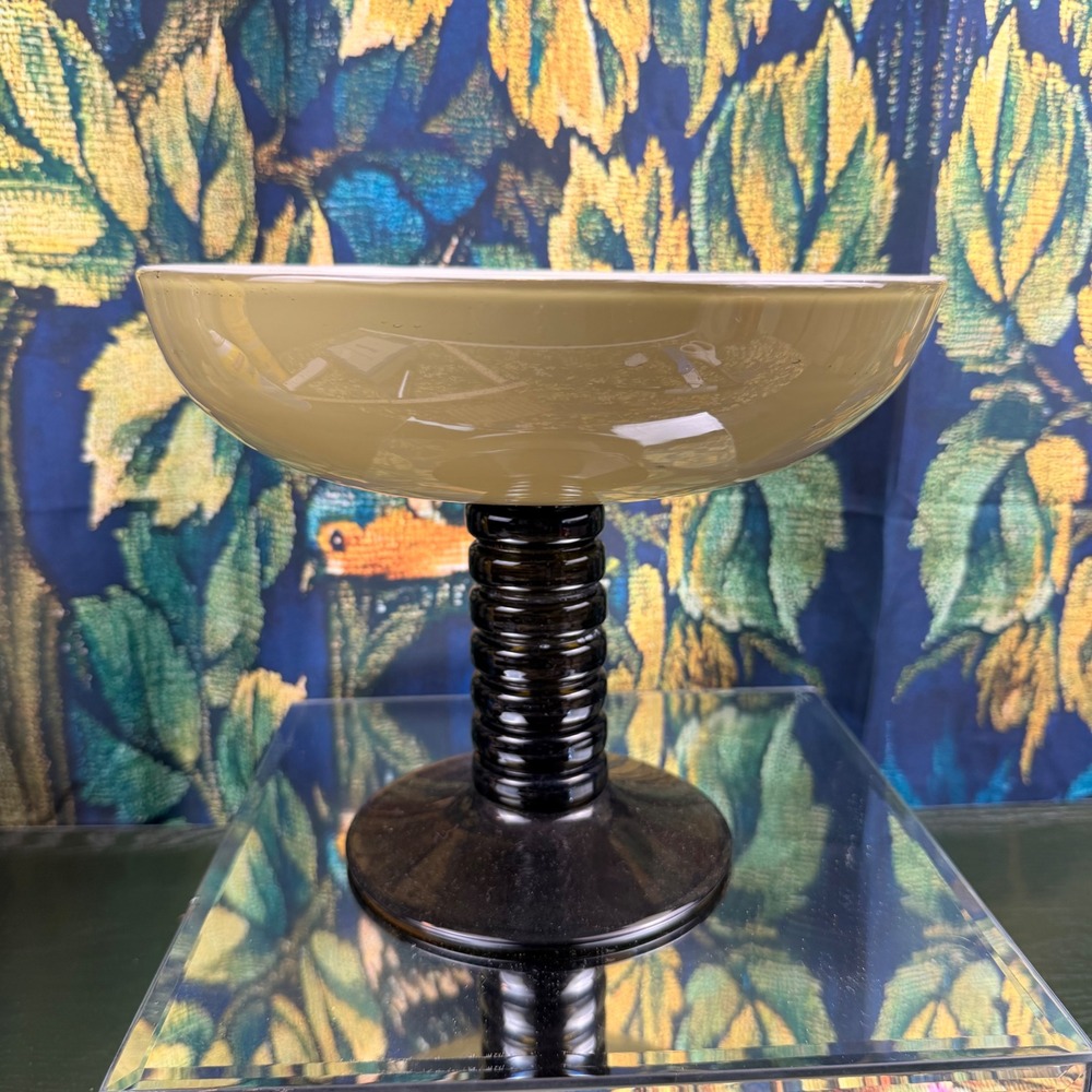 Vintage MCM Olive Green Cased Glass  Bowl Ribbed Smoke Pedestal Base 8.75"